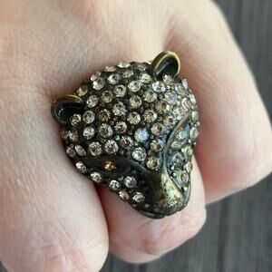 Vintage 90s Leopard Bracelet Ring Set Brass Tone Stretch Adjustable Jewelry Gold